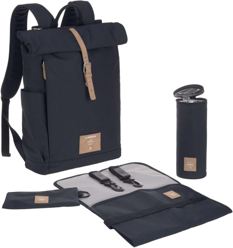 LÄSSIG Bébé Sac à Dos à Langer Sac à Dos avec Matelas à Langer, Fixation pour Poussette, Porte-Bouteille Produit durablement/GRE Rolltop Backpack Night Blue