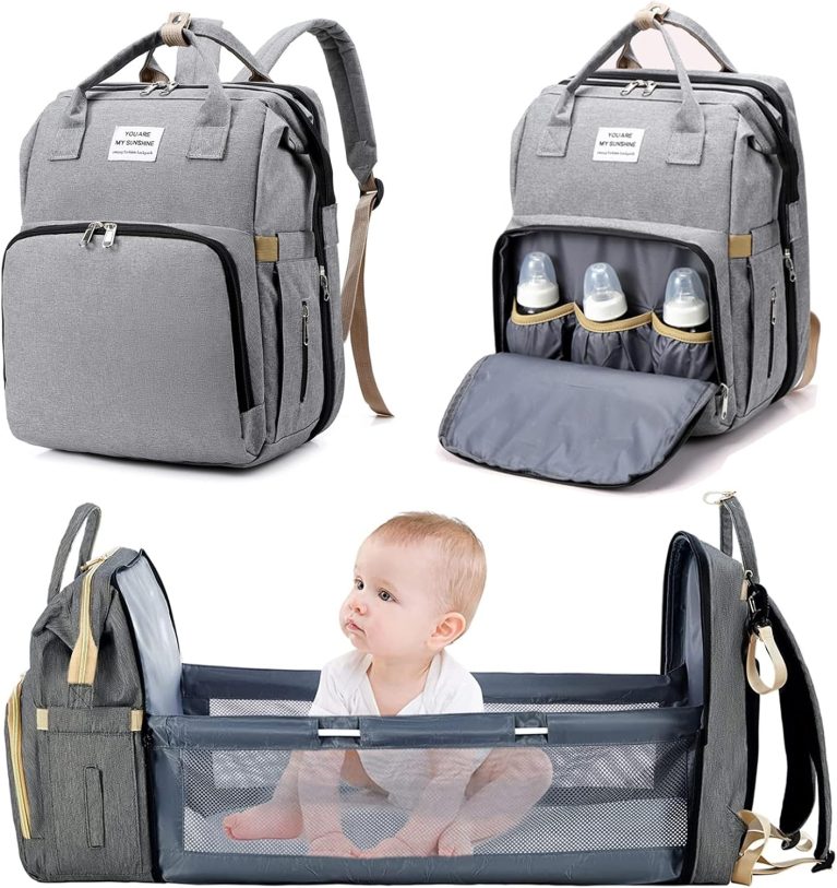 Bibykivn Sac à Dos à Langer pour Bébé, Sac de Voyage avec Lit de Bébé Portable, Grande Capacité Sac à Couches Multifonction Imperméable, 2 Sangles de Poussette, pour Biberon Sac à Dos (Gris)