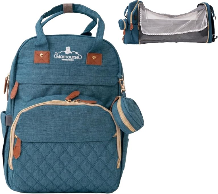 Mamourse Sac à Dos à Langer – Grande Capacité avec 13 Poches, Station de change, moustiquaires, doublure isotherme, Câble USB