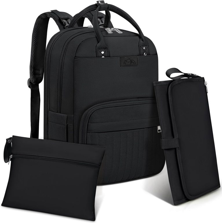 RAINSMORE Sac à Dos à Langer Bébé Grand Sac à Langer avec Matelas à Langer et Sangles de Poussette, Sac Isotherme, Unisexe Noir
